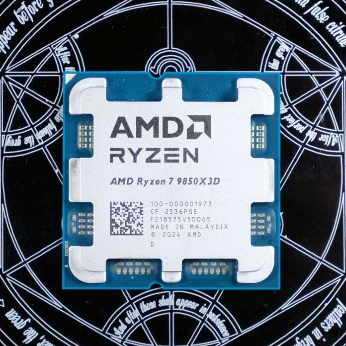 An AMD Ryzen 7 9850X3D processor, atop a summoning circle.
