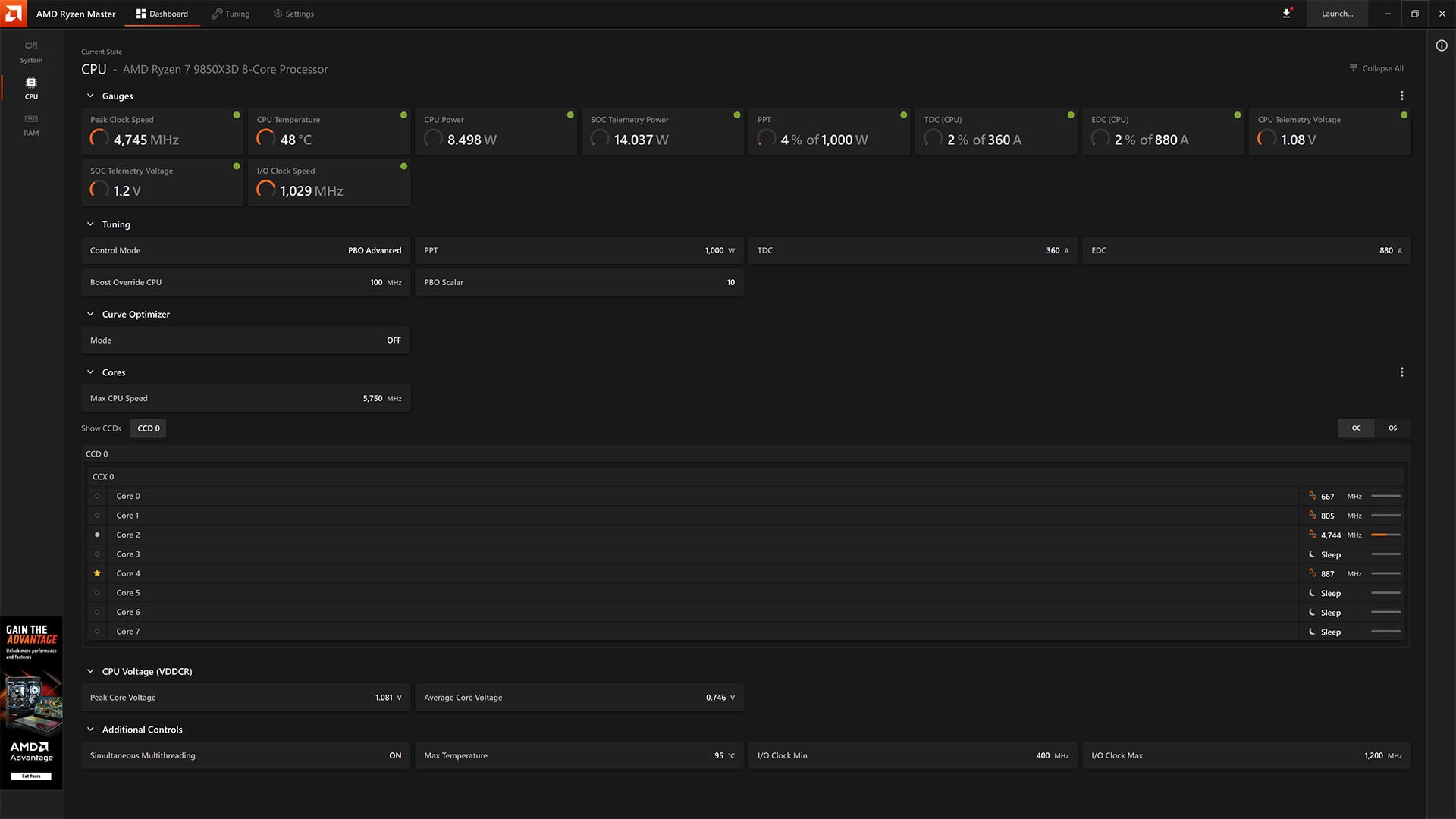 A screenshot of Ryzen Master, running the 'PBO Advanced' profile on Ryzen 7 9850X3D.