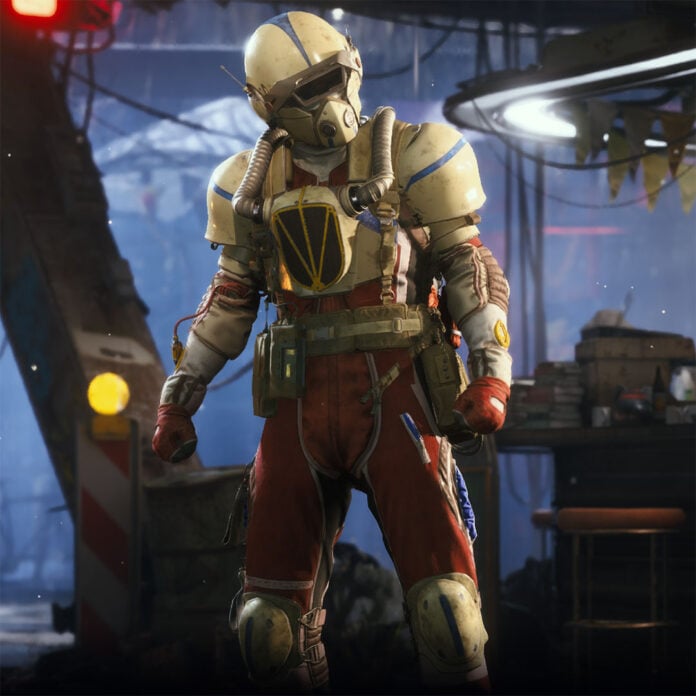 An Arc Raiders character, standing in the main menu.