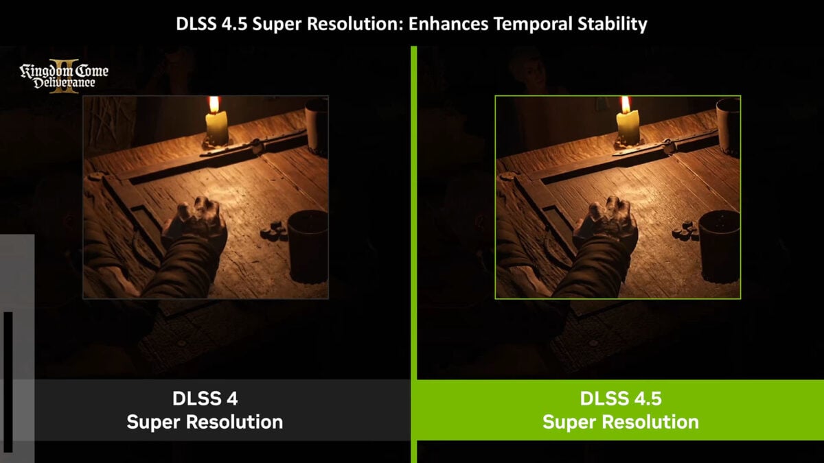 A comparison of Super Resolution performance between DLSS 4 (left) and DLSS 4.5 (right), in Kingdom Come: Deliverance 2, highlighting the latter's superior temporal stability.