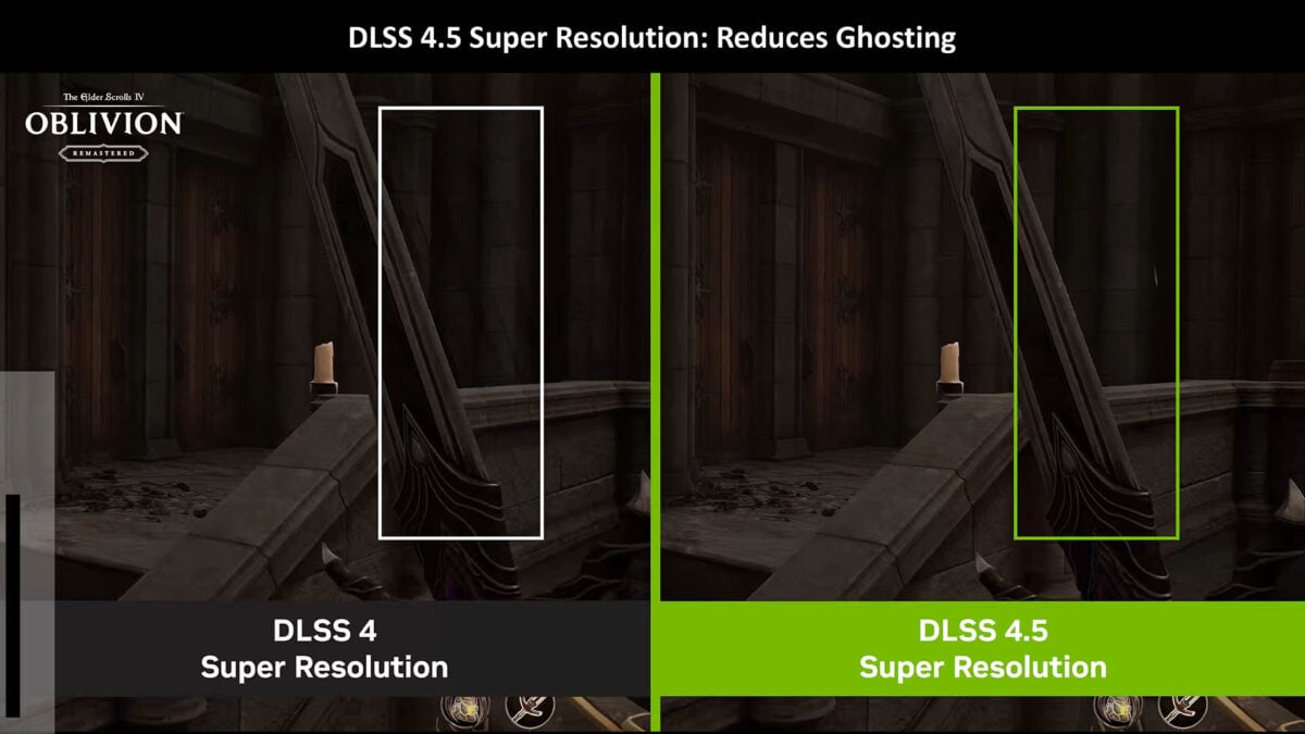 A comparison of Super Resolution performance between DLSS 4 (left) and DLSS 4.5 (right), in The Elder Scrolls IV: Oblivion, highlighting the latter's reduced ghosting.
