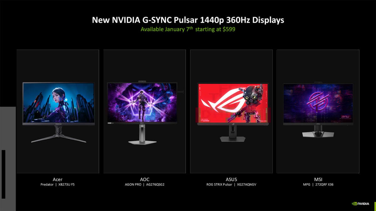 A set of four Nvidia G-Sync Pulsar gaming monitors, including the Acer Predator XB273U F5 (left), AOC Agon Pro AG276QSG2 (centre left), Asus ROG Strix Pulsar XG27AQNGV (centre right), and MSI MPG 272QRF X36 (right).