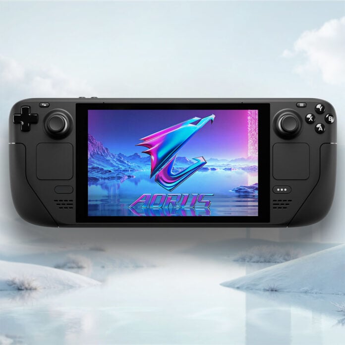A Steam Deck, featuring a Gigabyte Aorus logo on its screen, against a white backdrop.
