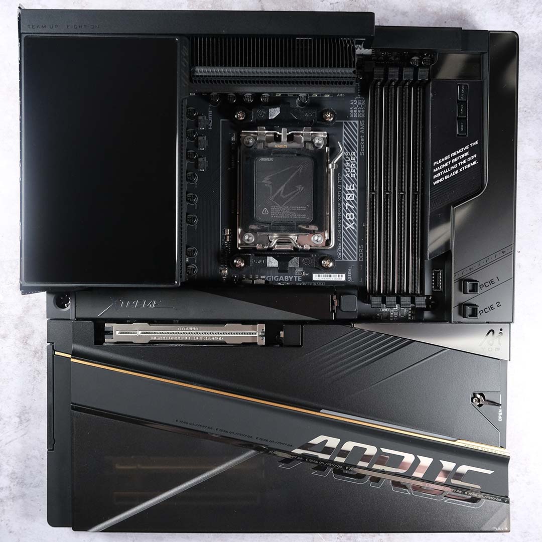 A top-down view of the Gigabyte X870E Aorus Xtreme X3D AI TOP motherboard in its entirety.
