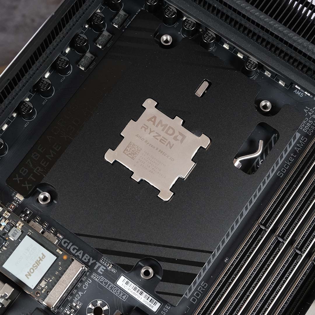 A close-up of a Ryzen 9 9950X3D, installed into the Gigabyte X870E Aorus Xtreme X3D AI TOP, surrounded by the CPU Thermal Matrix.