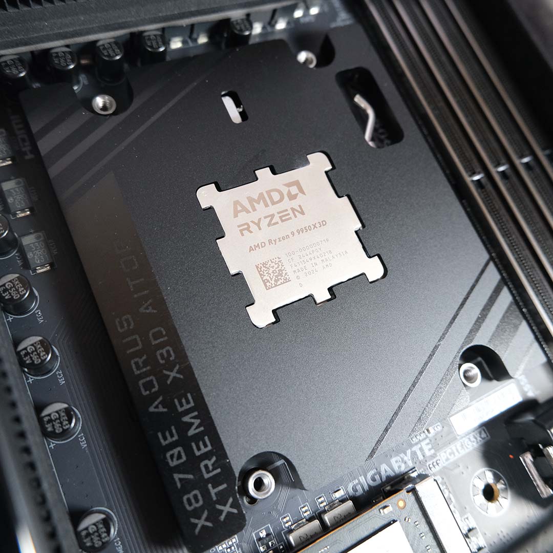 A close-up of a Ryzen 9 9950X3D, installed into the Gigabyte X870E Aorus Xtreme X3D AI TOP, surrounded by the CPU Thermal Matrix.