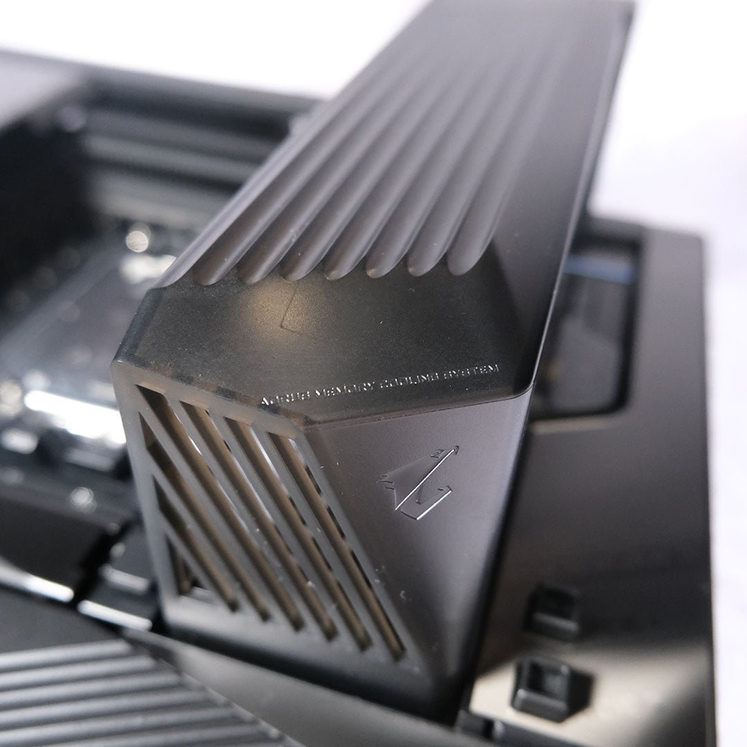 A close-up of the Aorus logo and etched name on the DDR Wind Blade Xtreme.