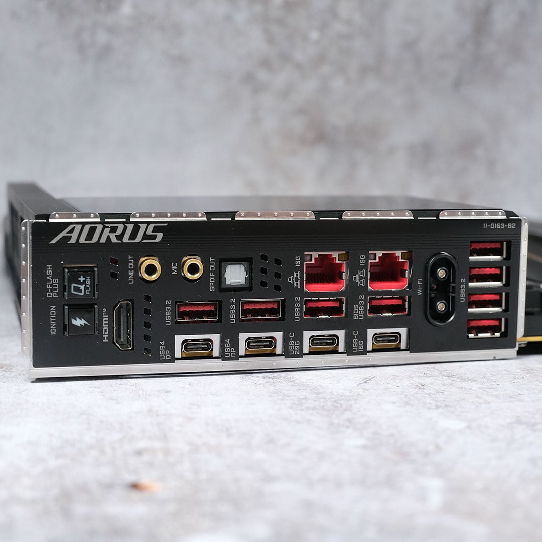 The rear ports of the Gigabyte X870E Aorus Xtreme X3D AI TOP motherboard.