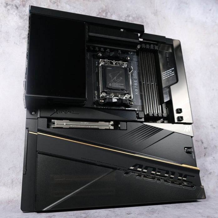 A low-angle shot of the Gigabyte X870E Aorus Xtreme X3D AI TOP in its entirety.