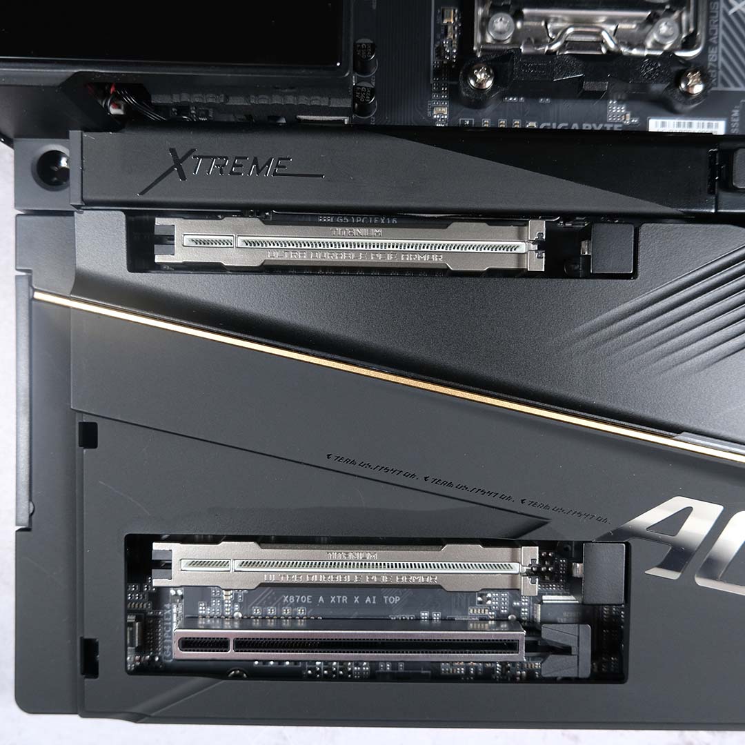 A top-down view of the heatsinks that cover the M.2 slots on the Gigabyte X870E Aorus Xtreme X3D AI TOP.