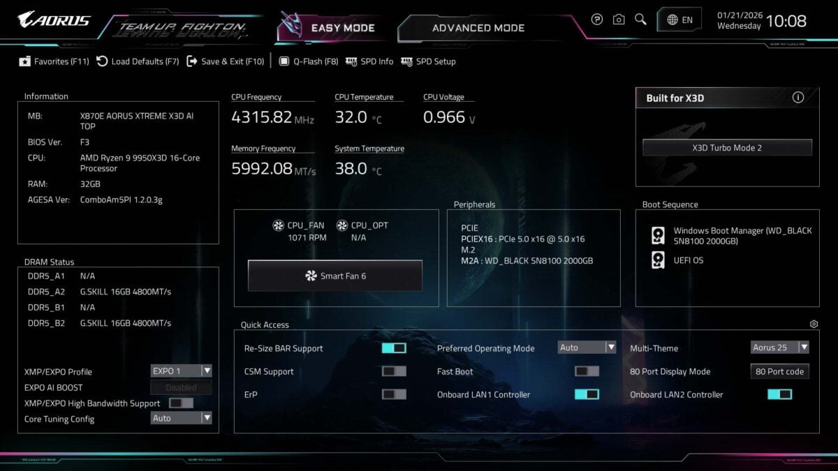A screenshot of firmware running on the Gigabyte X870E Aorus Xtreme X3D AI TOP, in its 'Easy Mode' tab.