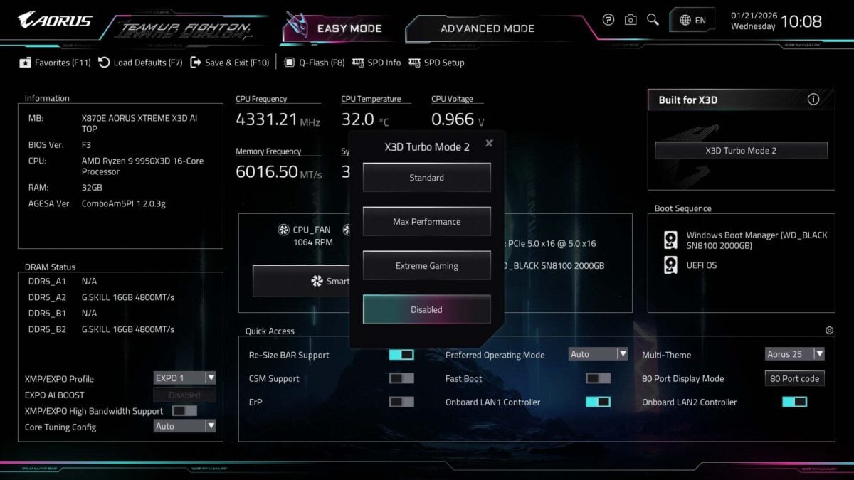A screenshot of firmware running on the Gigabyte X870E Aorus Xtreme X3D AI TOP, in its 'Easy Mode' tab, highlighted X3D Turbo Mode 2.0 options.