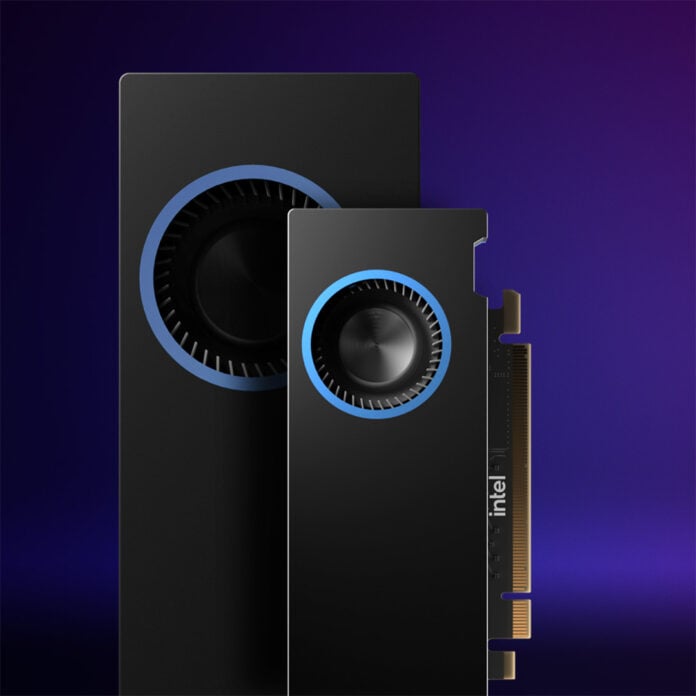 Two Arc Pro B-series graphics cards, standing upright.