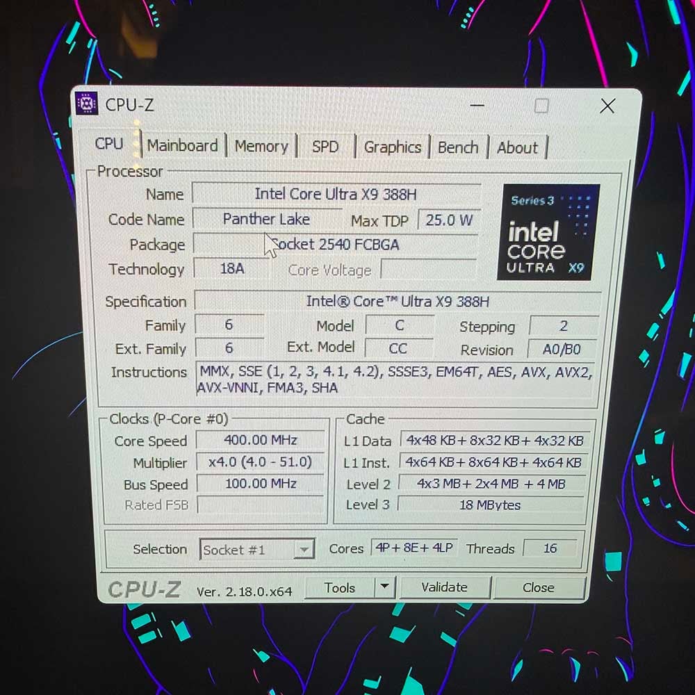Lenovo Panther Lake system CPU-Z