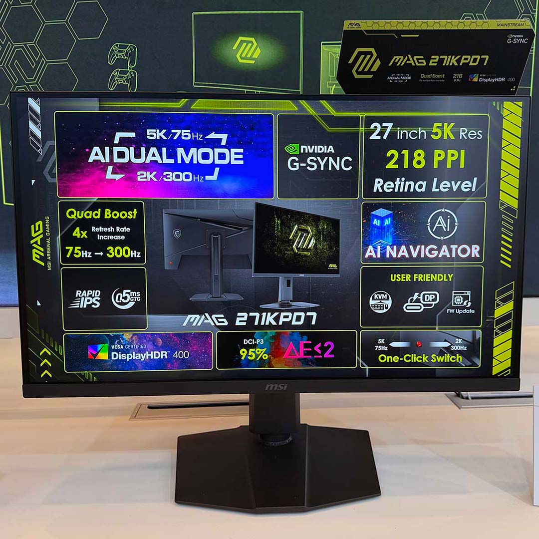The MAG 271KPD7 gaming monitor, displaying its feature set and specification information.