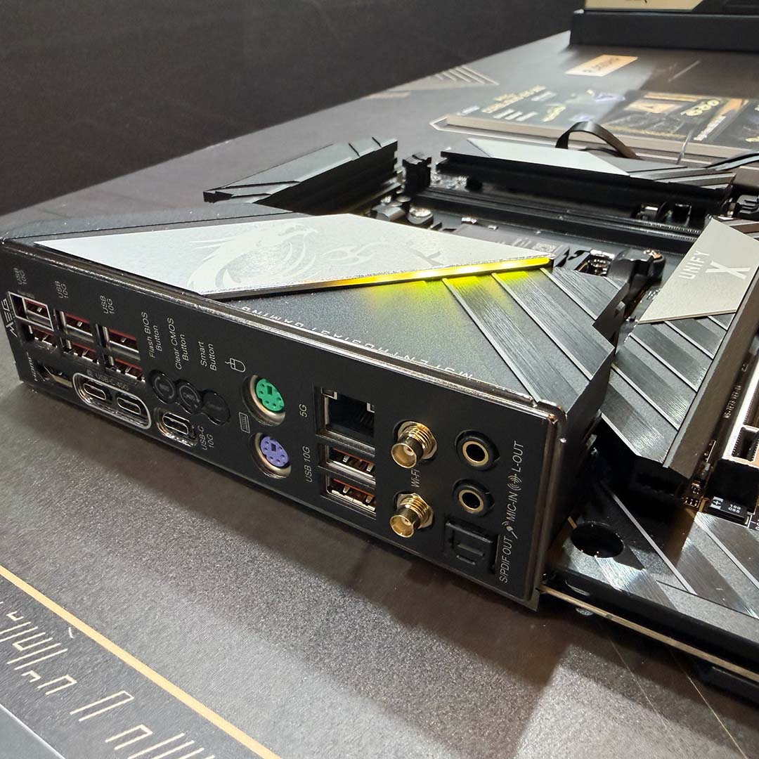 A close-up of the ports on the rear of MSI MEG X870E Unify-X.