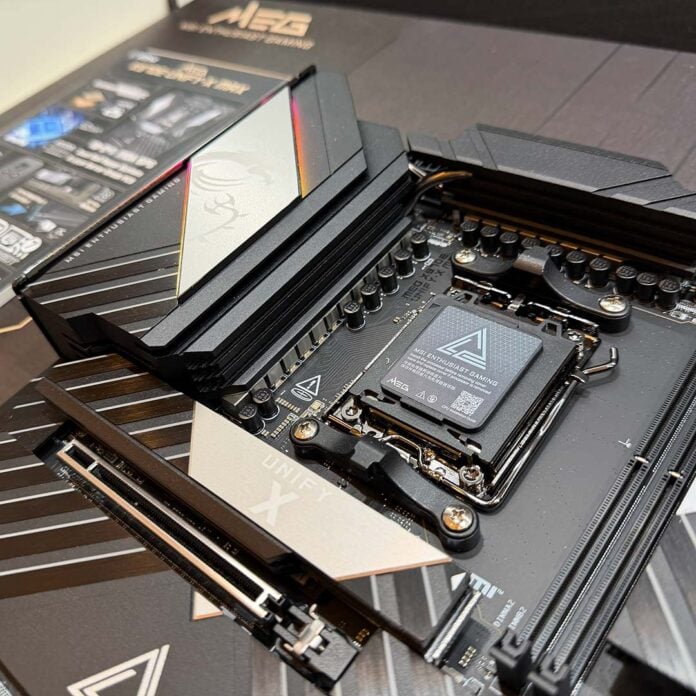 A side-on shot of the MSI MEG X870E Unify-X motherboard, focussing on its VRM and M.2 heatsinks.