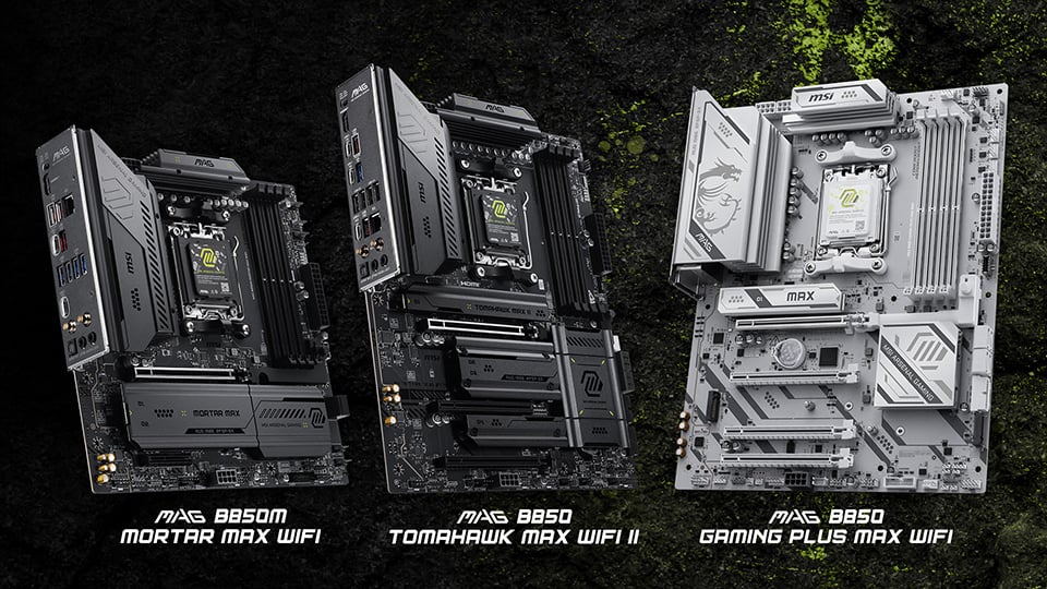 Promotional materials showcasing three of MSI's MAG B850 Max motherboards, including the MAG B850M Mortar Max WiFi (left), MAG B850 Tomahawk Max WiFi II, and MAG B850 Gaming Plus Max WiFi.