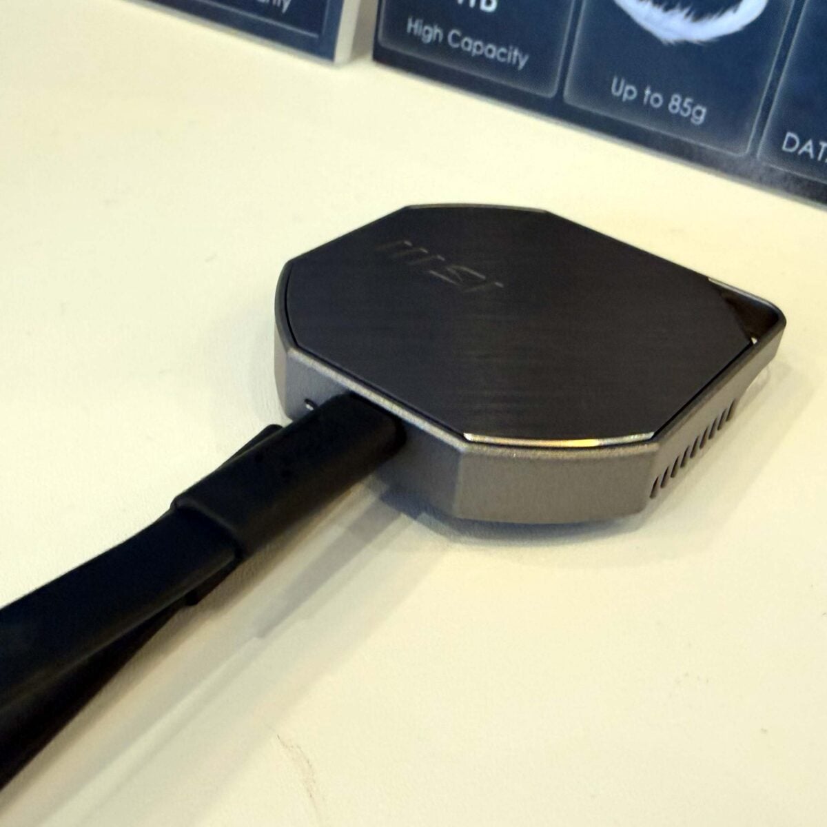 A side-on view of the MSI Datamag 40Gbps SSD.