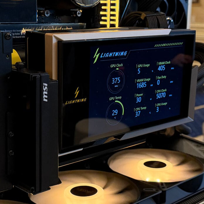 The MSI GeForce RTX 5090 Lightning Z, installed within a system, displaying information on its screen.