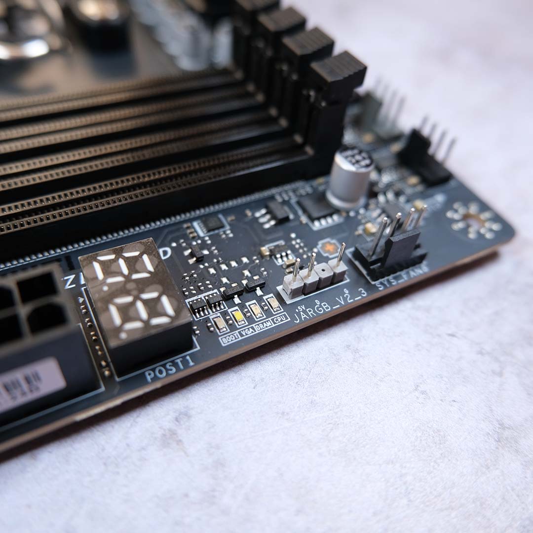 A close-up of the EZ Debug LEDs and Digit display on the motherboard.