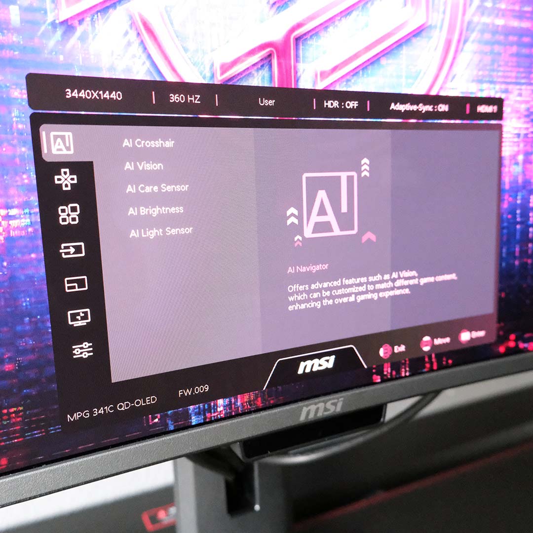A close-up of the OSD on the MSI MPG 341CQR QD-OLED X36.