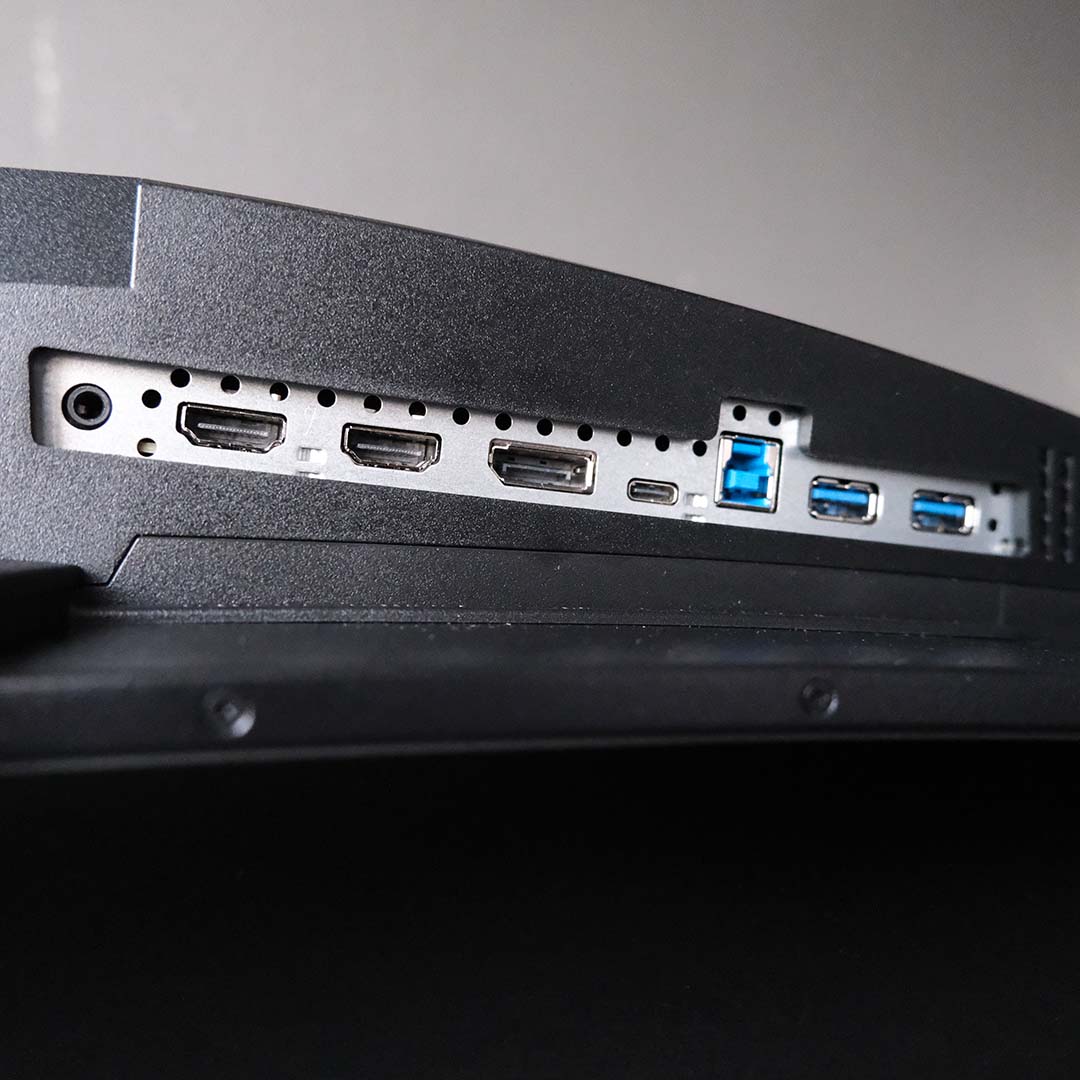 A close-up of the video and USB inputs on the underside of the MSI MPG 341CQR QD-OLED X36.