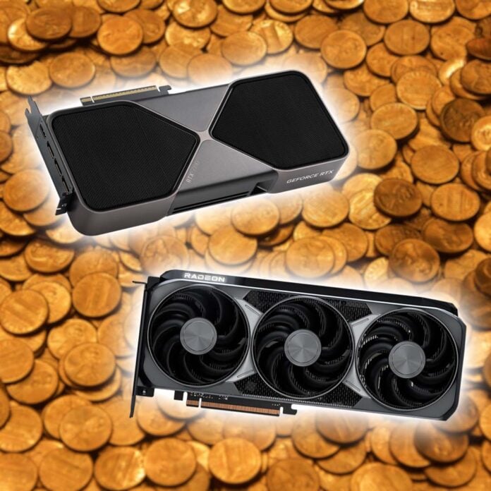 An Nvidia GeForce RTX 50 series Founder Edition (top left) and AMD Radeon RX 9000 series reference graphics card (bottom right), float above a background of coins.