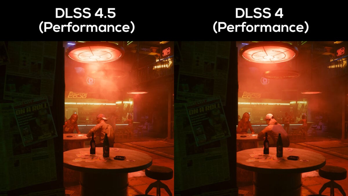 A side-by-side comparison between DLSS 4.5 Performance (left) and DLSS 4.0 Performance (right) in Cyberpunk 2077.