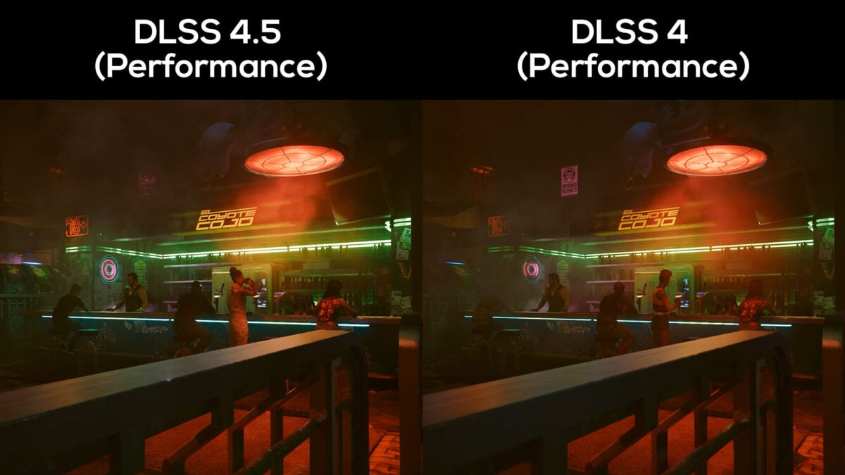 A side-by-side comparison between DLSS 4.5 Performance (left) and DLSS 4.0 Performance (right) in Cyberpunk 2077.