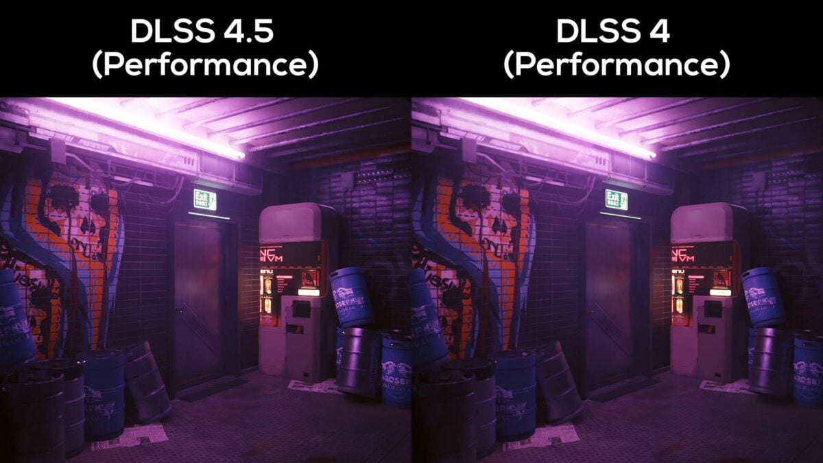A side-by-side comparison between DLSS 4.5 Performance (left) and DLSS 4.0 Performance (right) in Cyberpunk 2077.