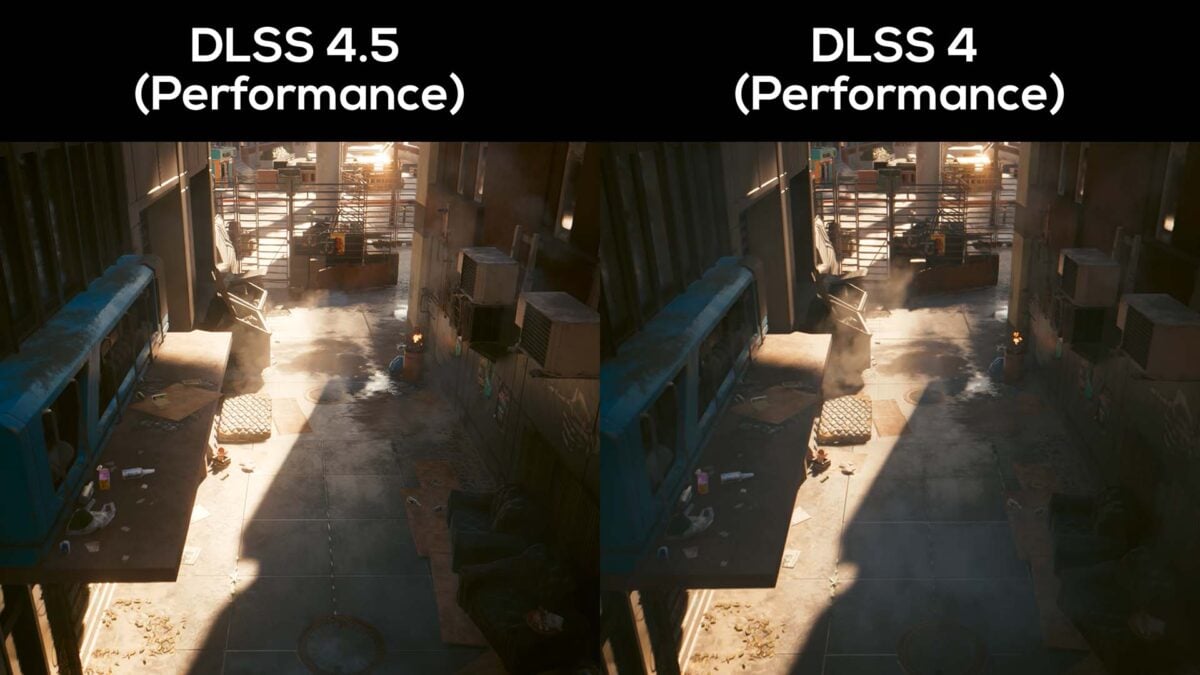 A side-by-side comparison between DLSS 4.5 Performance (left) and DLSS 4.0 Performance (right) in Cyberpunk 2077.