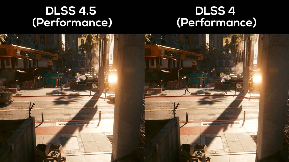 A side-by-side comparison between DLSS 4.5 Performance (left) and DLSS 4.0 Performance (right) in Cyberpunk 2077.