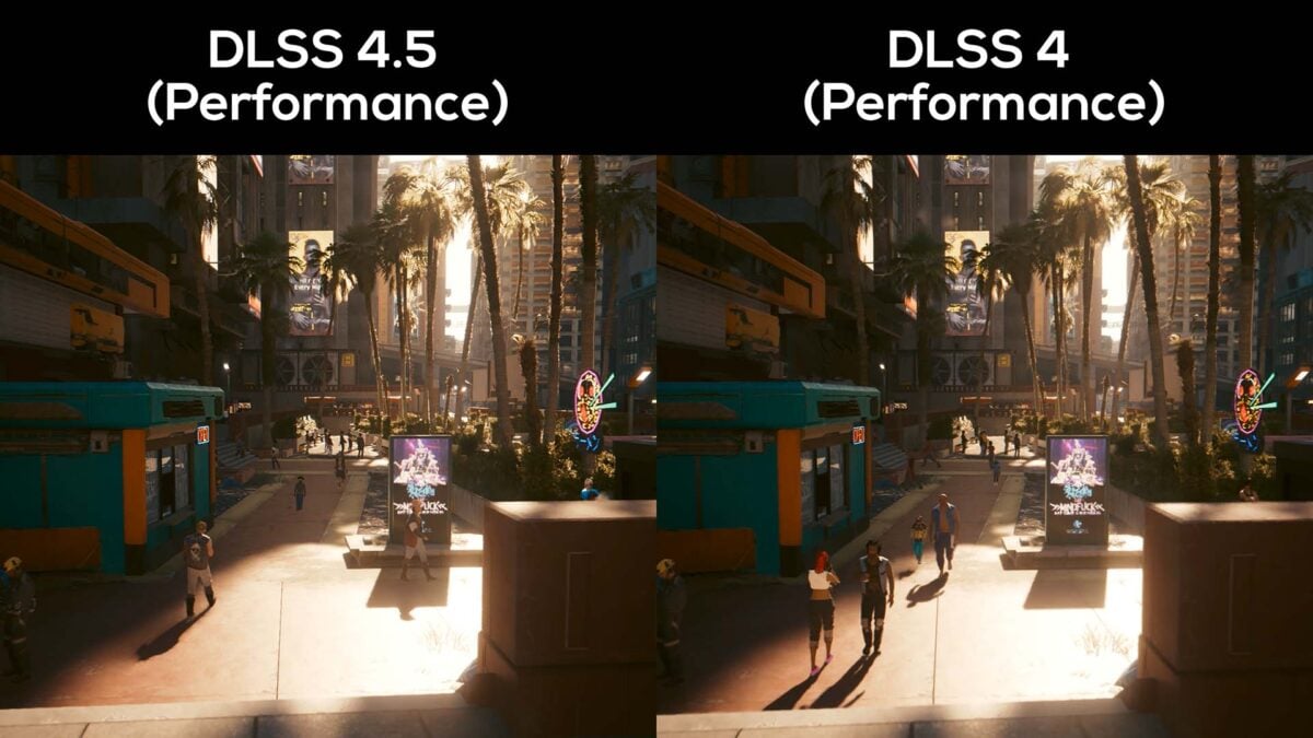 A side-by-side comparison between DLSS 4.5 Performance (left) and DLSS 4.0 Performance (right) in Cyberpunk 2077.