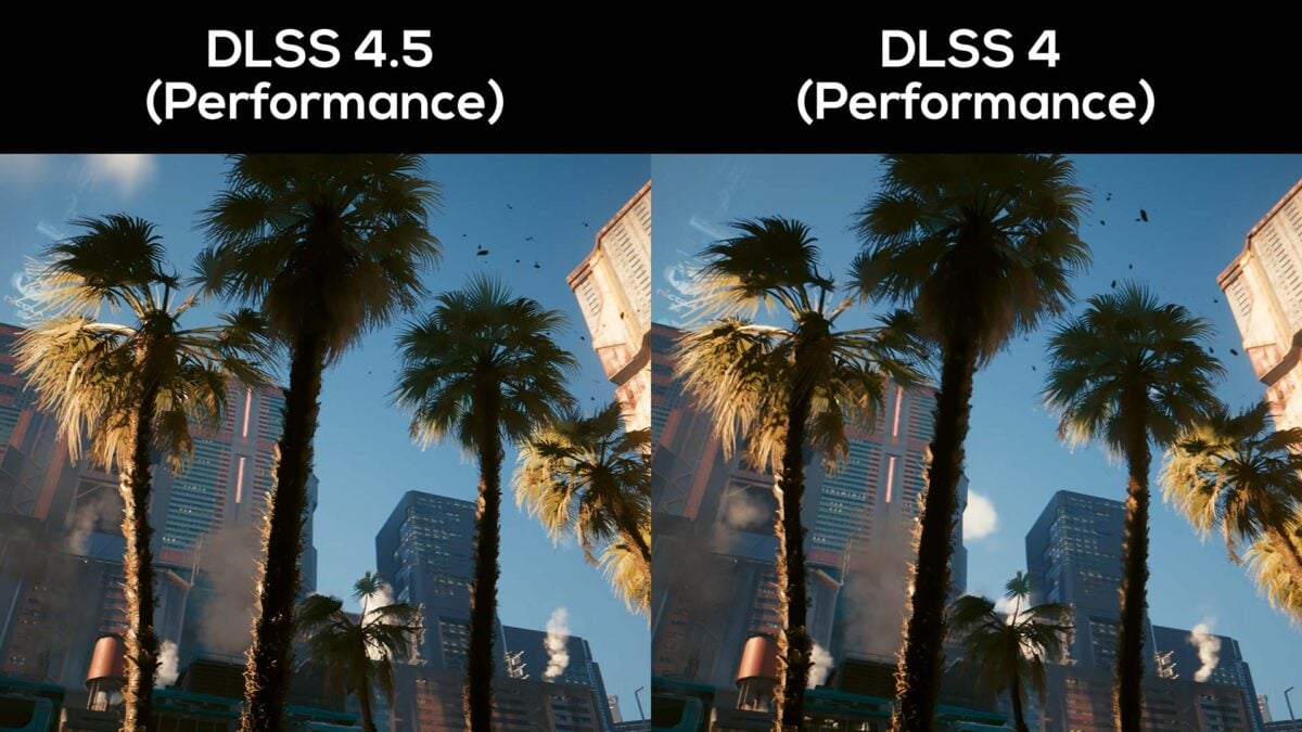 A side-by-side comparison between DLSS 4.5 Performance (left) and DLSS 4.0 Performance (right) in Cyberpunk 2077.