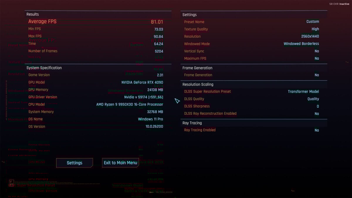Cyberpunk 2077 results screen using DLSS 4.