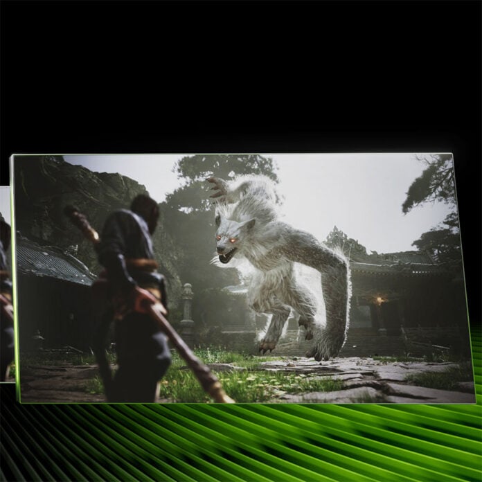 Key art for Nvidia DLSS 4.5, featuring a screenshot from a game in which the protagonist is under attack from a large white wolf.