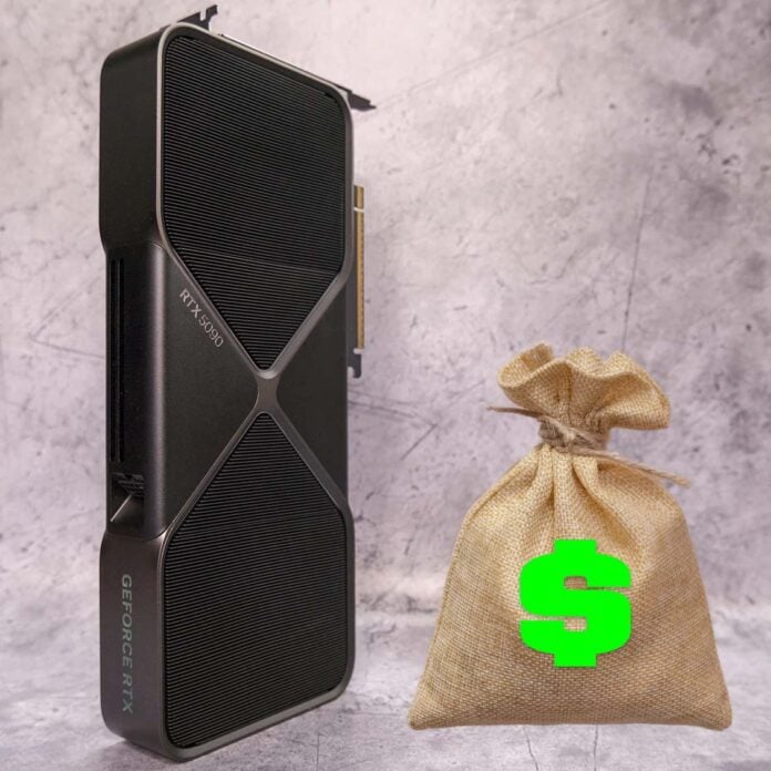 An Nvidia GeForce RTX 5090 Founders Edition stands upright (left) next to a sack with a green dollar sign on it (right).
