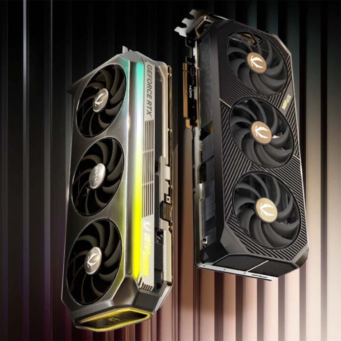 Two Zotac GeForce RTX 50 series graphics cards, floating against a wooden panel backdrop.