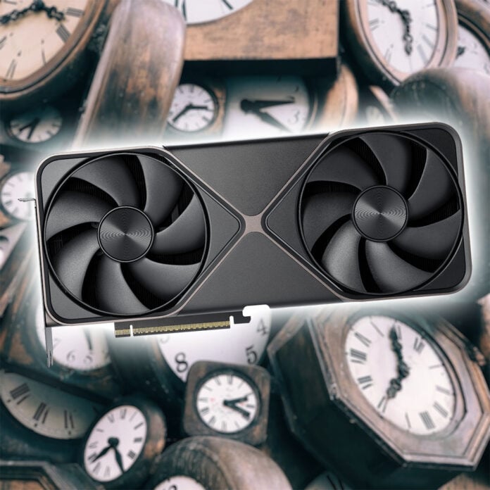 An Nvidia GeForce RTX Founders Edition, surrounded by a white glow, against a backdrop of clocks.