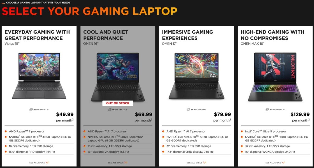HP Omen laptop subscription tiers.