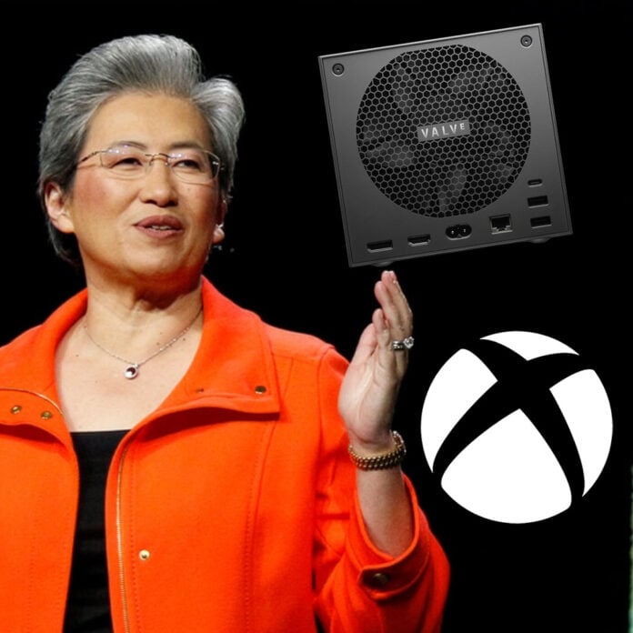 AMD Chairman and CEO, Dr. Lisa Su (left), next to a floating Steam Mahcine (top right) and Xbox logo (bottom right).