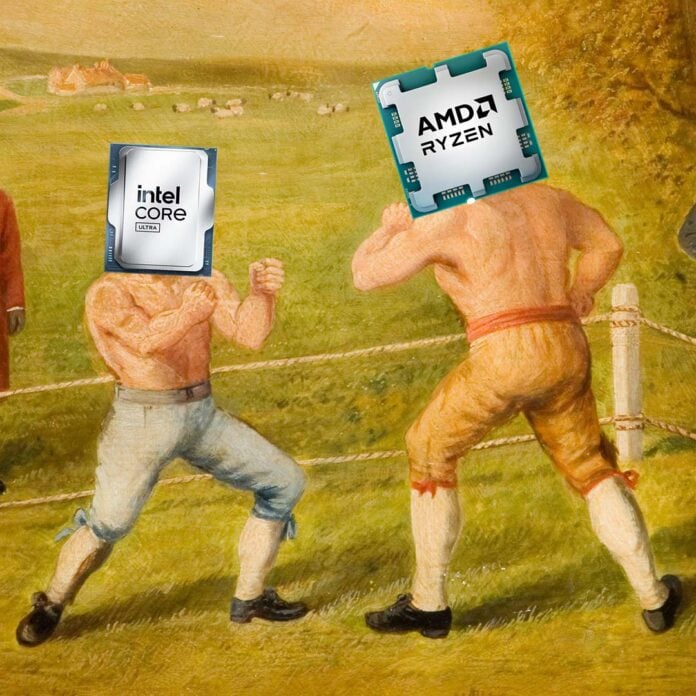 A painting of two people boxing, with an Intel CPU (left) and AMD CPU (right) overlayed on their heads.