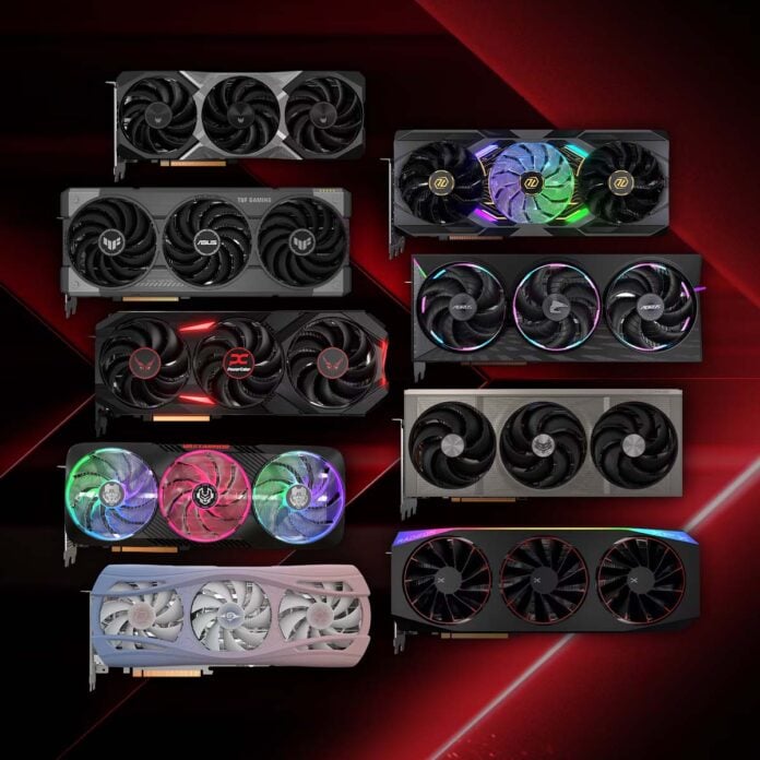 A collection of Radeon RX 9000 series cards, against a red chevron.
