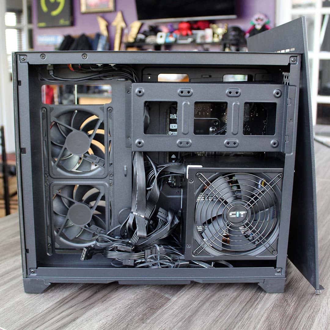 AWD-IT Kalona PC sidepanel removed showing PSU and cables