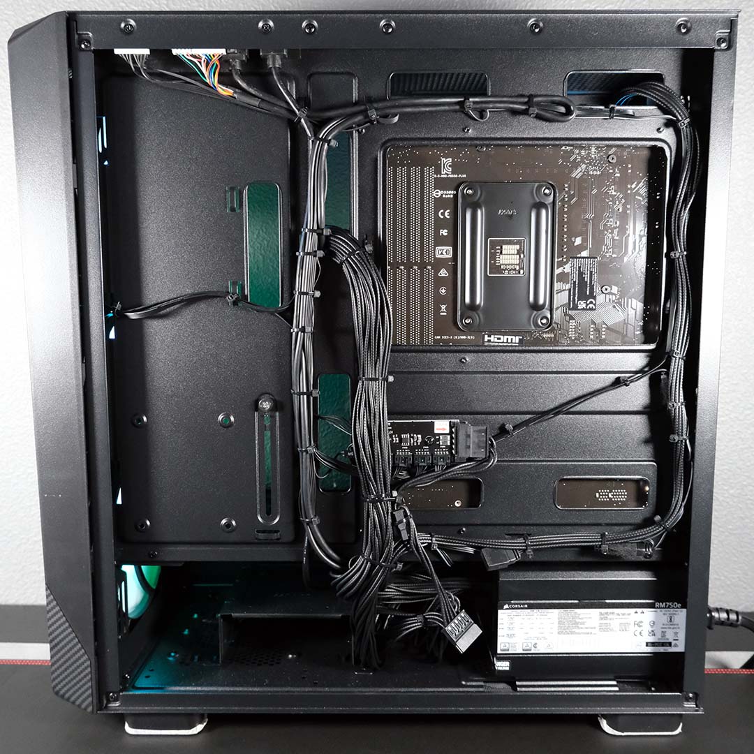 A wide-shot of cable management inside the PCSpecialist Spectrum Elite.