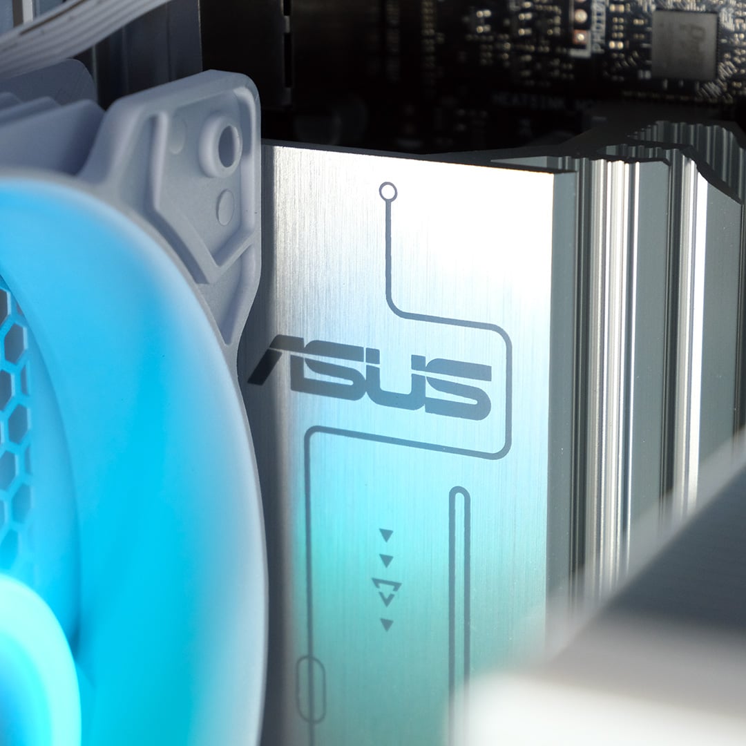 A close-up of the Asus logo on the motherboard VRMs inside the PCSpecialist Spectrum Pro.