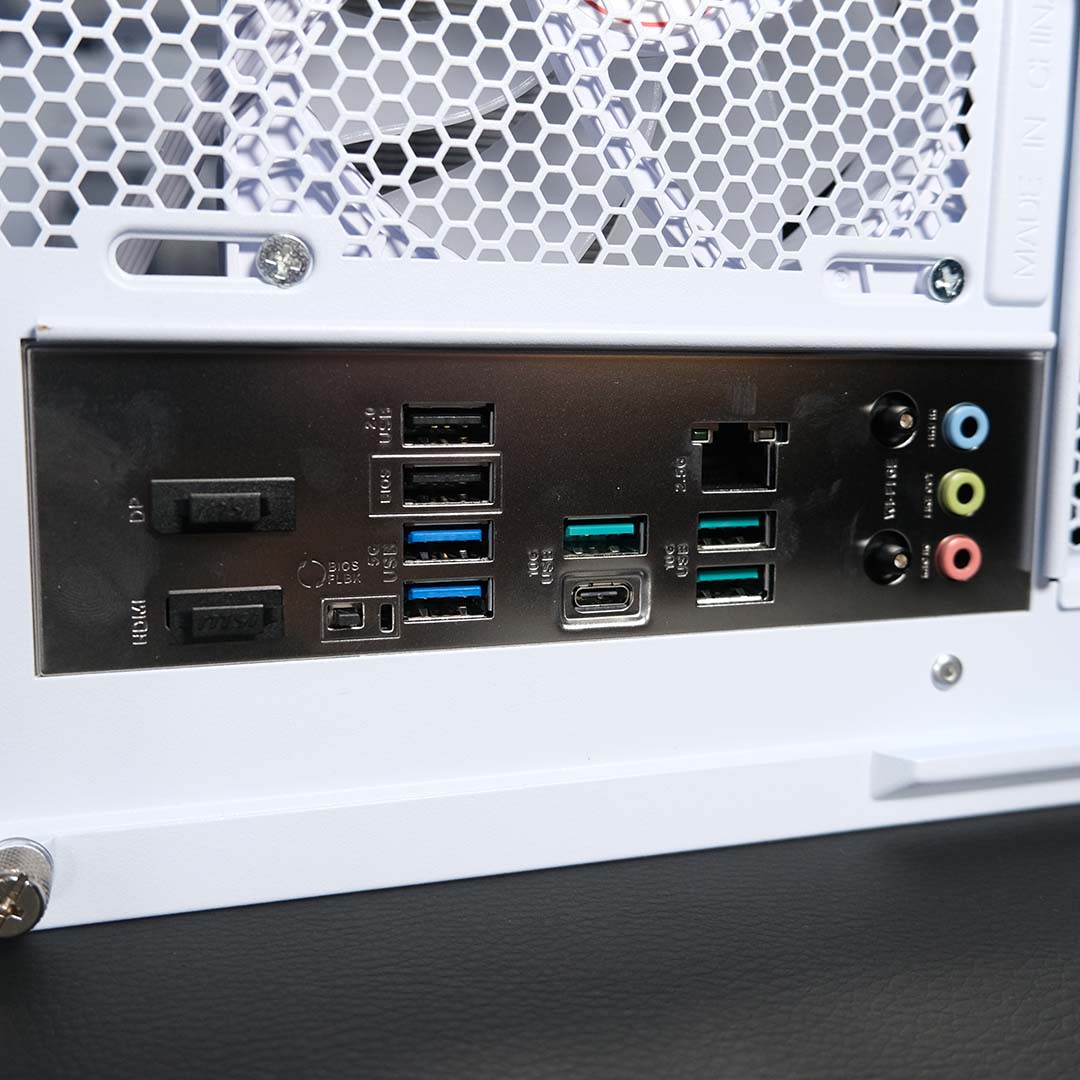 A close-up of the rear I/O on the PCSpecialist Spectrum Pro.