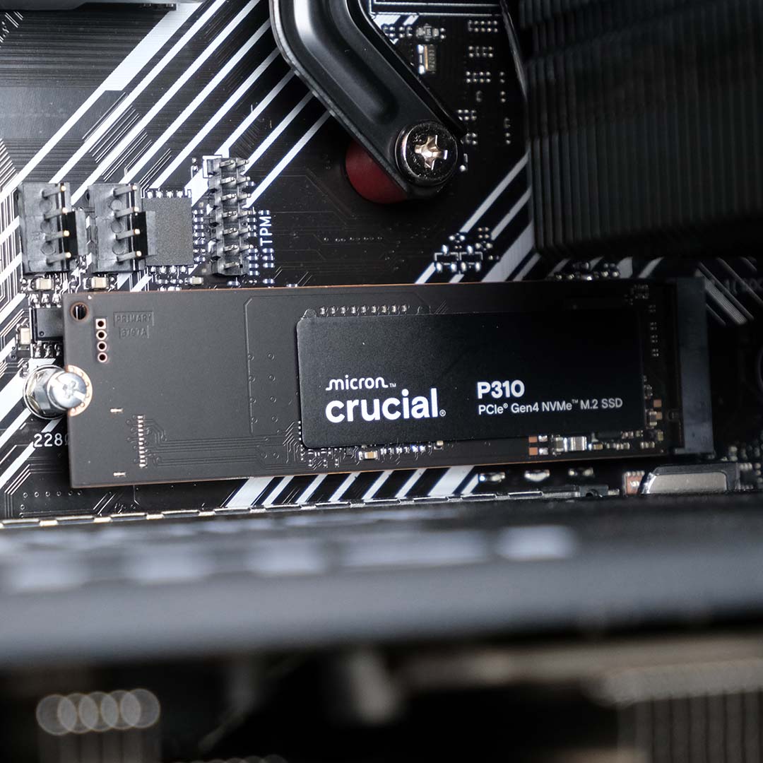 A close-up of the Micron Crucial P310 SSD inside the PCSpecialist Spectrum Elite.