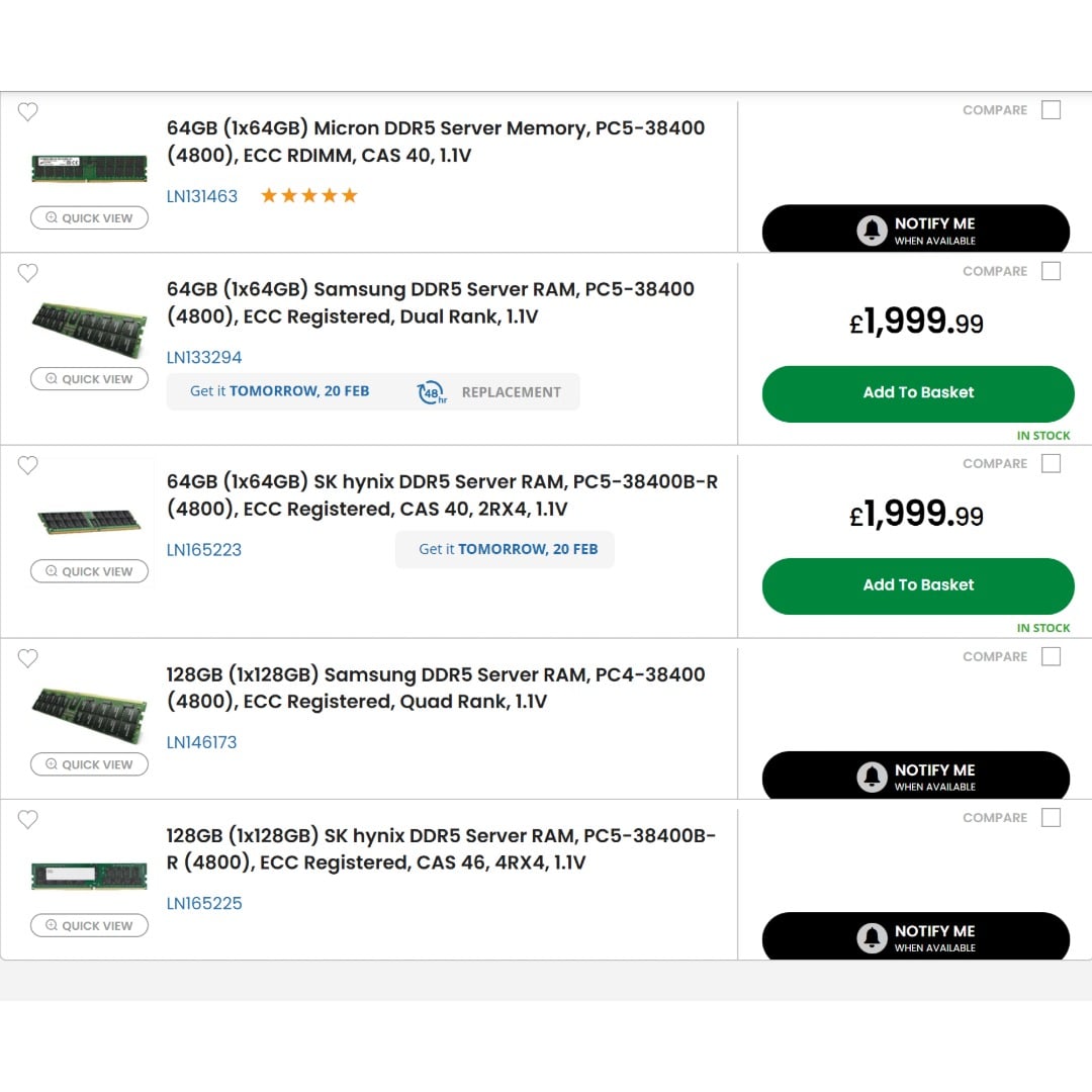ECC RAM prices at Scan, February 2026
